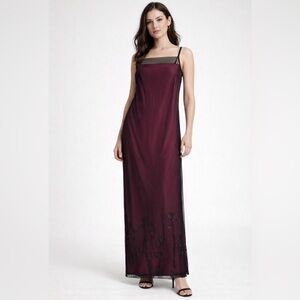 Mixit Women’s 8 TALL Burgundy Sheer Floral Mesh Maxi Slip Dress Whimisigoth VTG